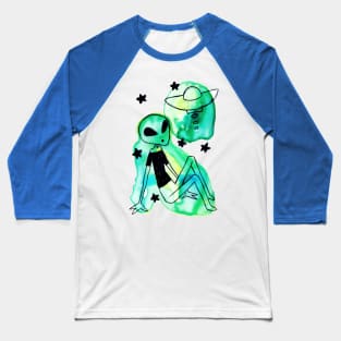 Alien UFO Watercolor Baseball T-Shirt